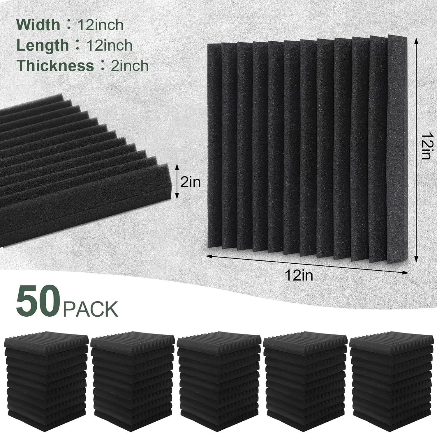 50 Pack High Density Acoustic Foam Panels, 2"x12"x12", Sound Absorbing for Studio, Office & Home