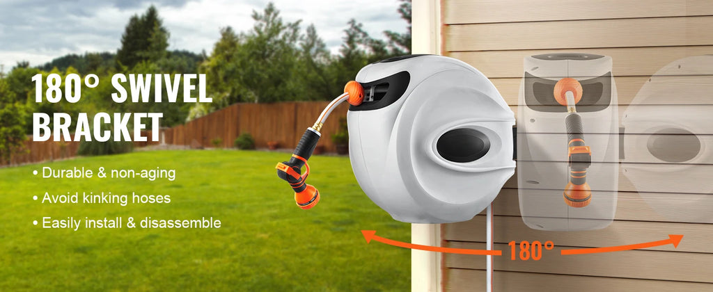 SucceBuy Retractable Hose Reel 180° Swivel Bracket Wall-Mounted Garden Water Hose Reel with 9-Pattern Nozzle Automatic Rewind