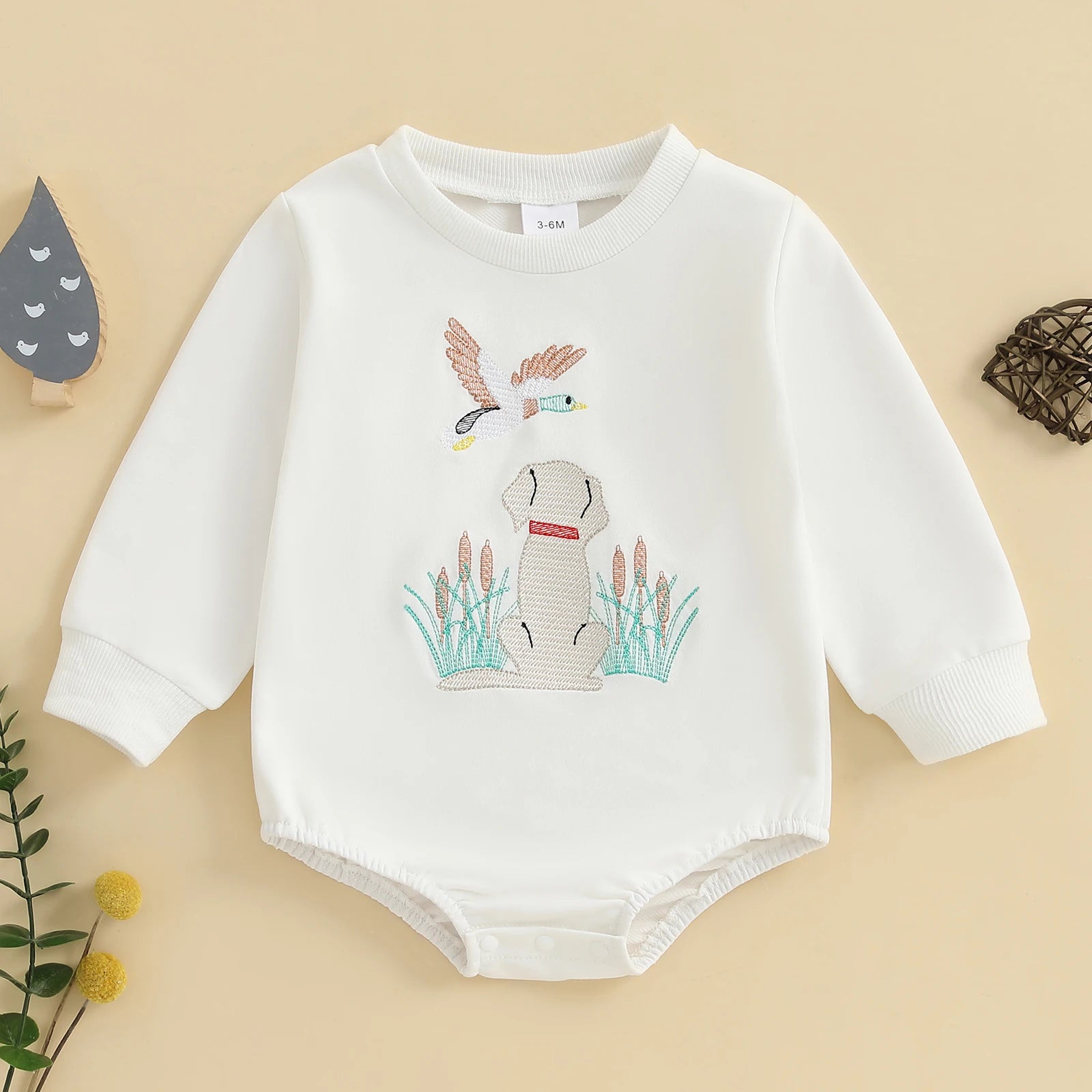 Infant Boys Fall Overalls with Long Sleeves and Crew Neck Featuring Adorable Duck Embroidery on Sweatshirt Style Romper - Firu Total Sales