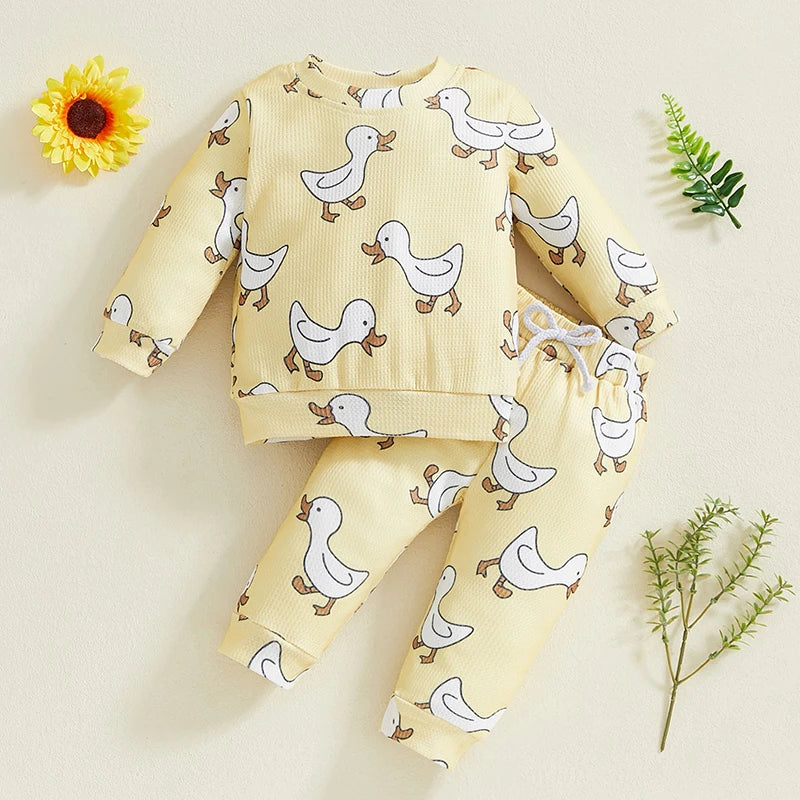 Cute Toddler Unisex Autumn Apparel Set with Adorable Duck Pattern Sweatshirt and Cozy Waffle Texture Pants for Boys and Girls
