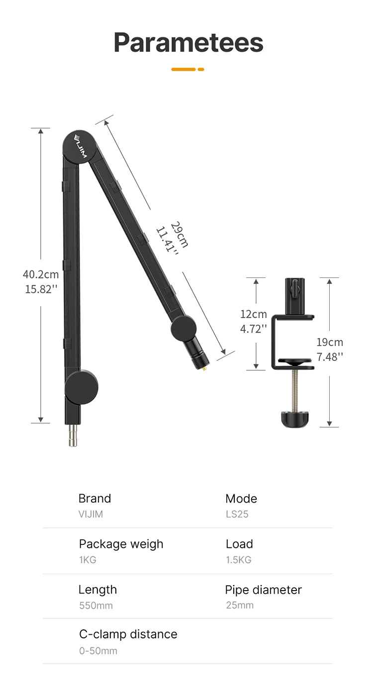 Vijim LS24 LS25 Microphone Boom Arm Stand Heavy Duty Desktop Adjustable DSLR Camera Smartphone Microphone Mount for Blue Yeti