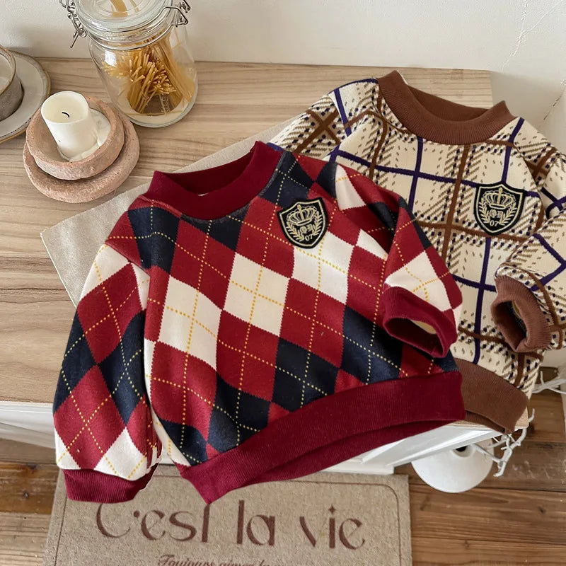 2025 New Children's Fce Lined Knitted Hoodie round Ne Base Layer irt for Boys And Girls Warm Autumn Winter Sweatirt
