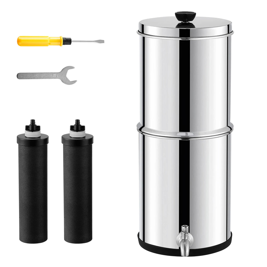 SucceBuy 1.5G 2.25G Gravity-fed Water Filter System 304 Stainless-Steel Water Filtration System Countertop with 2 Carbon Filters