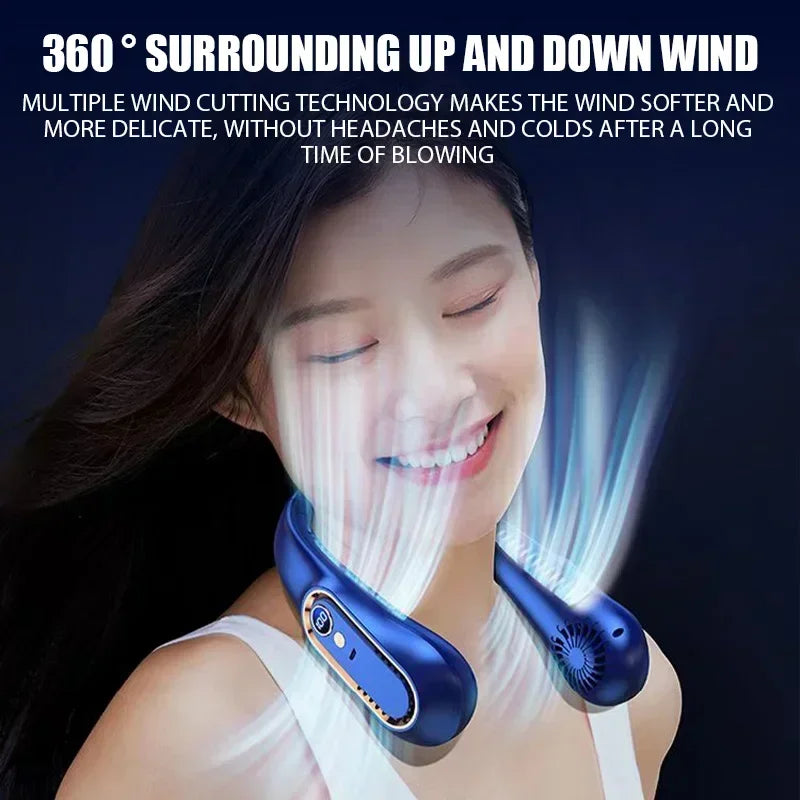 Hanging neck style leafless portable USB charging air cooler comes with 5-speed adjustment and LED display
