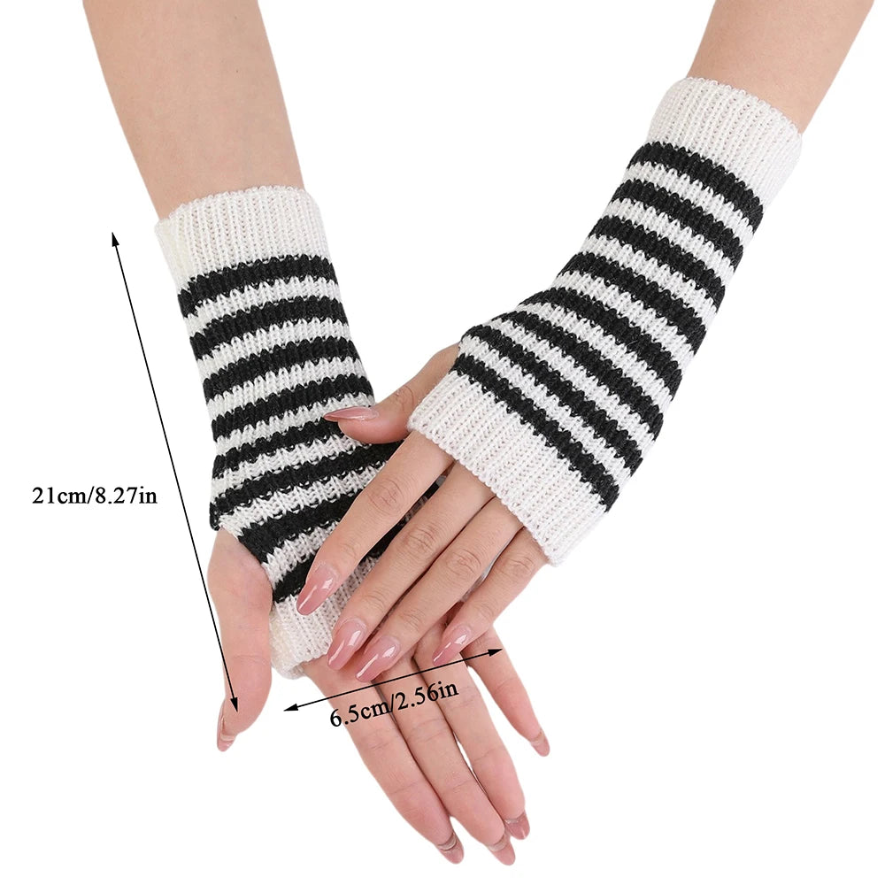 Women's Knitted Fingerless Arm Sleeves Gothic Style Striped Winter Long Arm Warmers Girls Harajuku Y2K Fashion Wrist Gloves