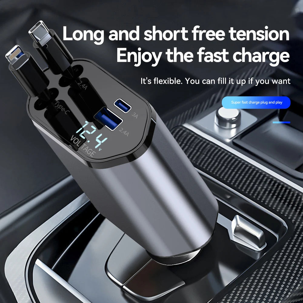 Cargador de Auto 4 en 1 120W Retráctil | USB Tipo C | iPhone Xiaomi Samsung 🔌