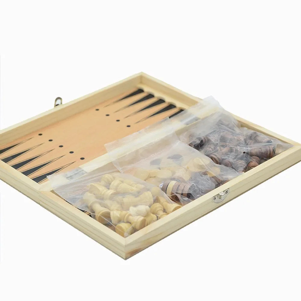 3in 1 Portable Travel Chess Checker Backgammon, Folding Storage Wooden Chess Set, International Checkers Board Game Kids Adults