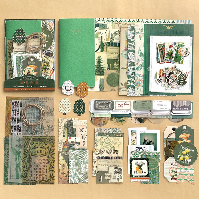 Retro scrapbook supplies, aesthetic diary tool kit, material paper set, simple Instagram style background, handmade DIY material