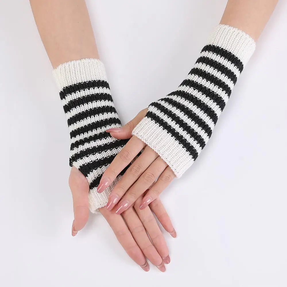 Women's Knitted Fingerless Arm Sleeves Gothic Style Striped Winter Long Arm Warmers Girls Harajuku Y2K Fashion Wrist Gloves