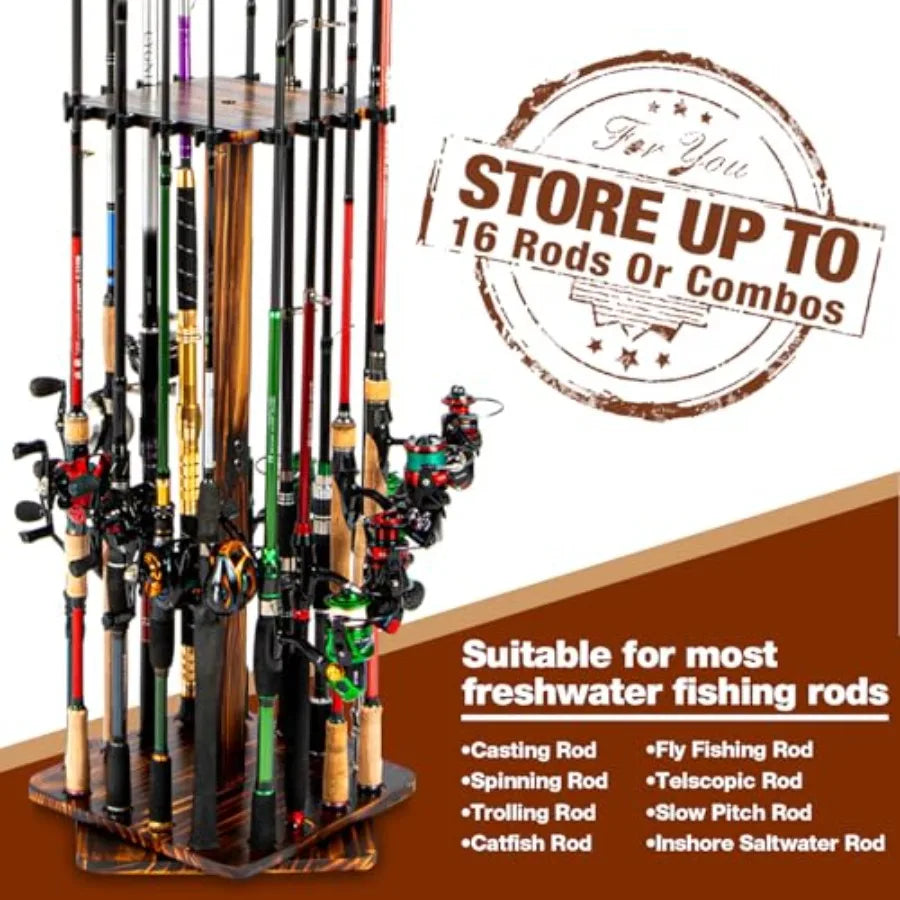 Fishing Rod Holders for Garage 360 Degree Rotating Fishing Pole Rack Floor Stand Holds up to 16 Rods Wood Fishing Gear Equipmen