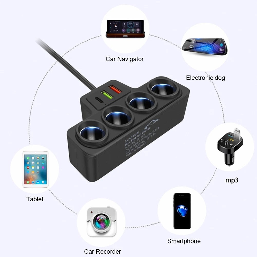 Phone Power Adapter QC3.0+PD 3.1A 120W Car Cigarette Lighter Socket Splitter Plug 4-Socket 3 USB Ports USB Phone Charger Adapter