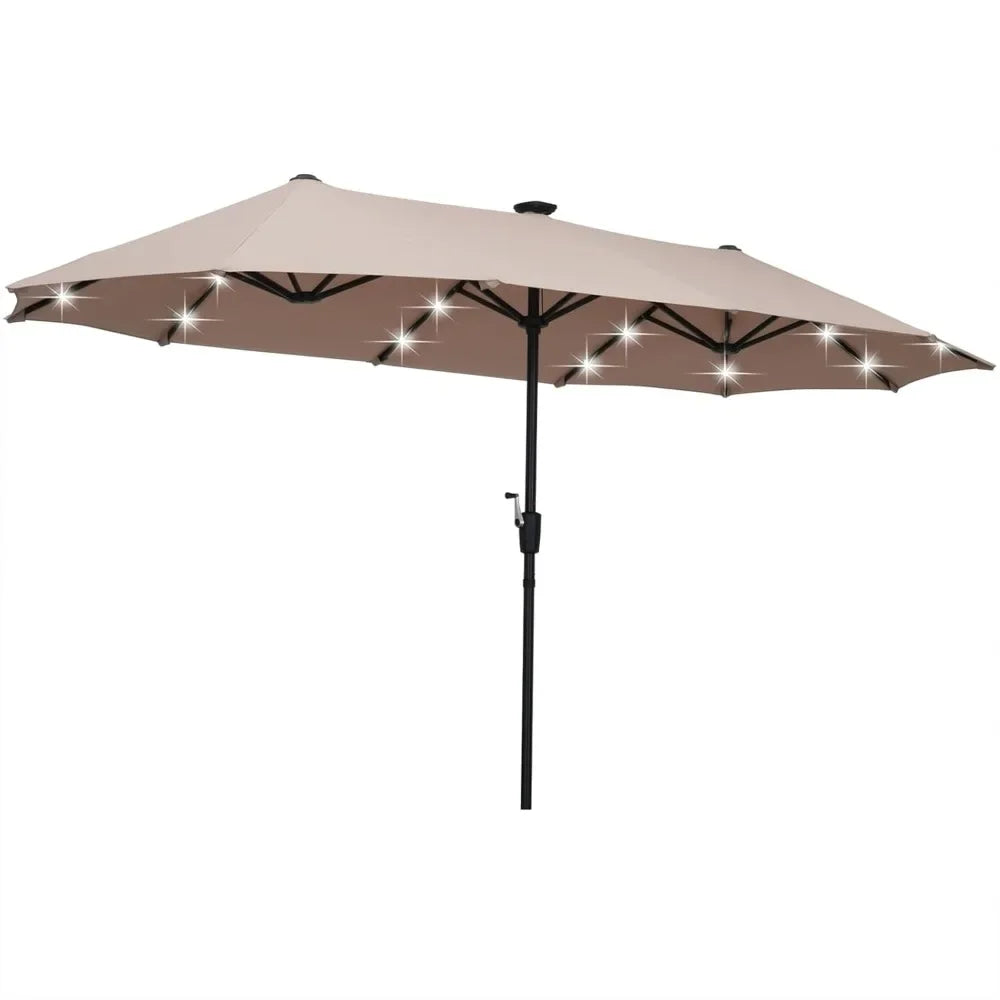 13ft Rectangular Patio Umbrella with 36 Solar LED Lights, Ultimate Sun Protection, Easy To Shake, for Deck, Garden, Khaki