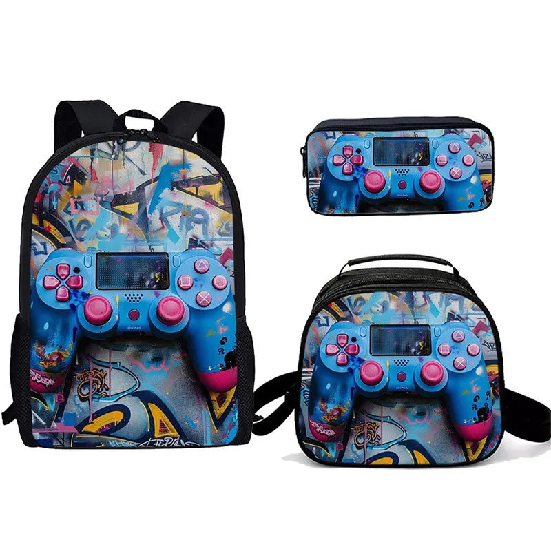 Cartoon Popular games console pad 3D Print 3pcs/Set Student School Bags Laptop Daypack Backpack Crossbody Lunch bag Pencil Case