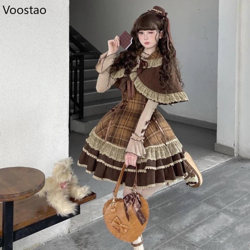 Japanese Cute Lolita Style 3 Piece Set Women Sweet Lace Bow Peter Pan Collar Cloak Top Plaid Mini Dress Korean Harajuku Y2k Suit