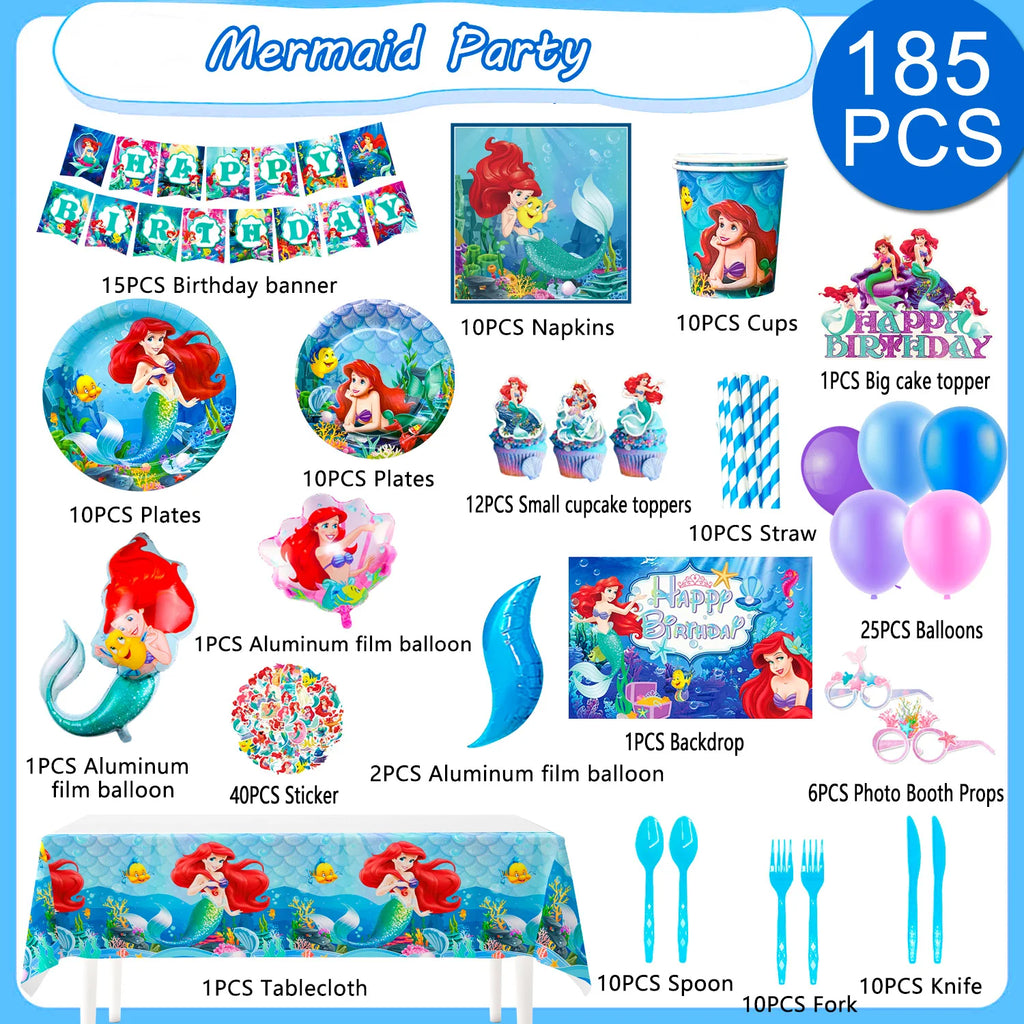 Little Mermaid Birthday Supplies,185pcs Little Mermaid Birthday Party Decorations&Tableware-Little Mermaid Stickers Banner Plate