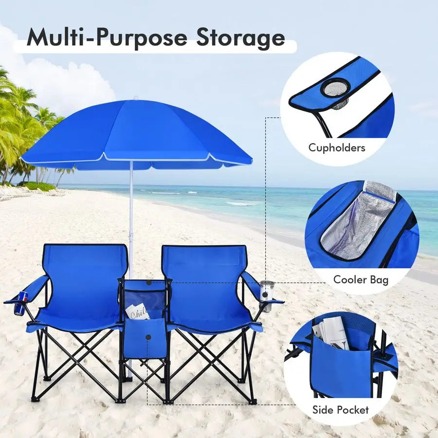 Double Portable Picnic Chairs, Folding Camping Chairs w Detachable Umbrella, Cooler Bag, Cup Holders, Patio Beach Camping Chair