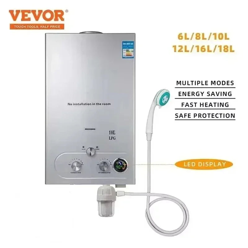 VEVOR 6L 8L 10L 12L 16L 18L LPG Portable Instand Water Heater Propane Gas LPG Wall-Mounted Tankless Water Heater Digital Display
