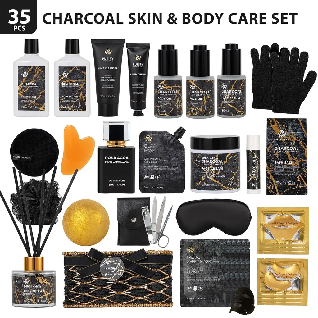 35 Pcs Valentines Day Gift Basket for Women & Men, Charcoal Bath & Body Kit with Diffuser, Shower Gel, Massage Oil