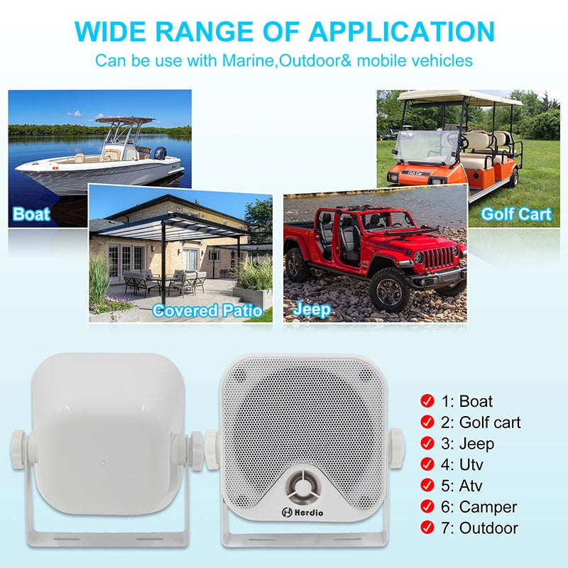 Herdio 4'' Bluetooth Marine Speakers 100W Heavy Duty Waterproof- Surface Mounted for Camper ATV UTV RZR Golf Cart Boat