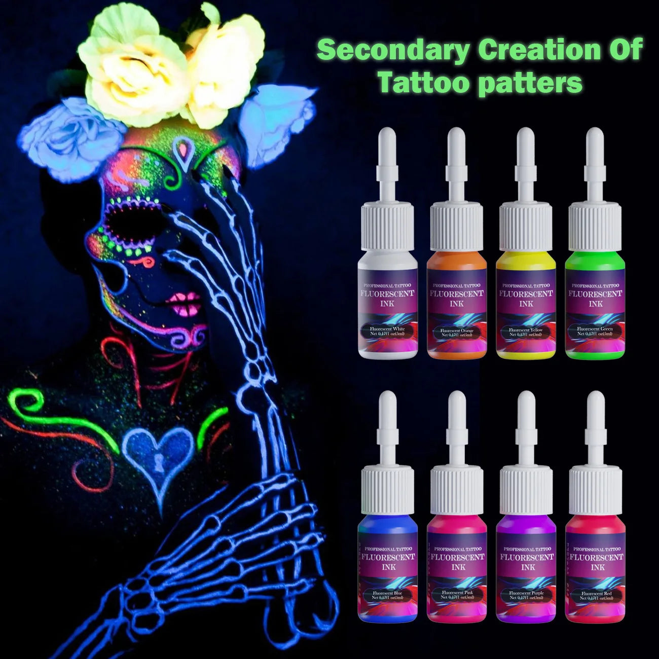 DM 8PCS 5ml Fluorescent Tattoo Ink Set Professional Tattoo Pigment Tattoo Painting Tattoo Supplies Professional Supply