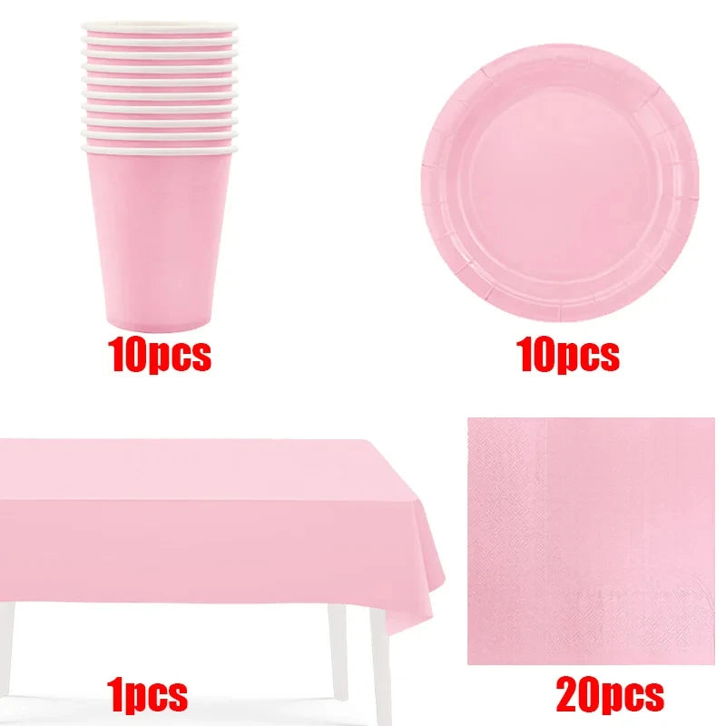 Solid Color Pink Disposable Kids Party Tableware Supplies Napkin Cup Plate Knife Fork Spoon Kids Birthday Party Supplies