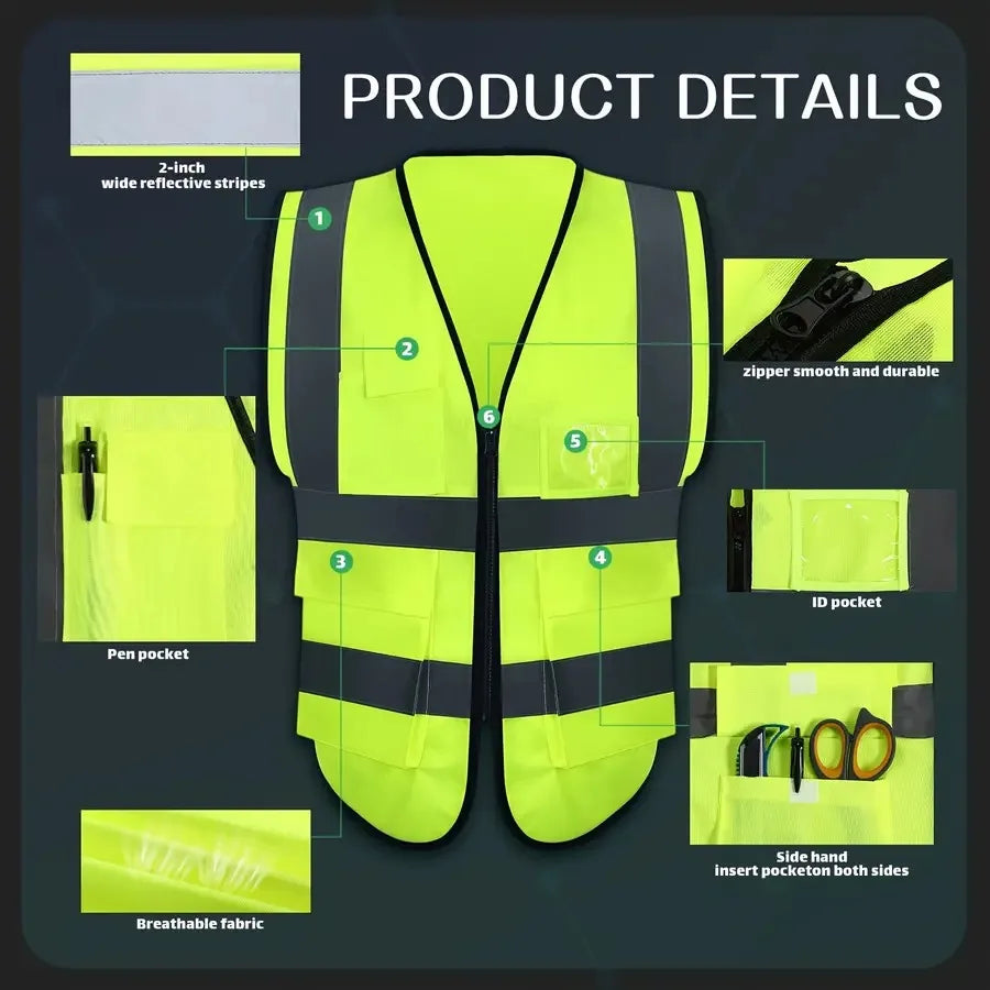 15 Pack Reflective Safety Vests Polyester Woven High Visibility Vest with Pockets and er Smooth Fabric 120g/m² Fluorescent Gree