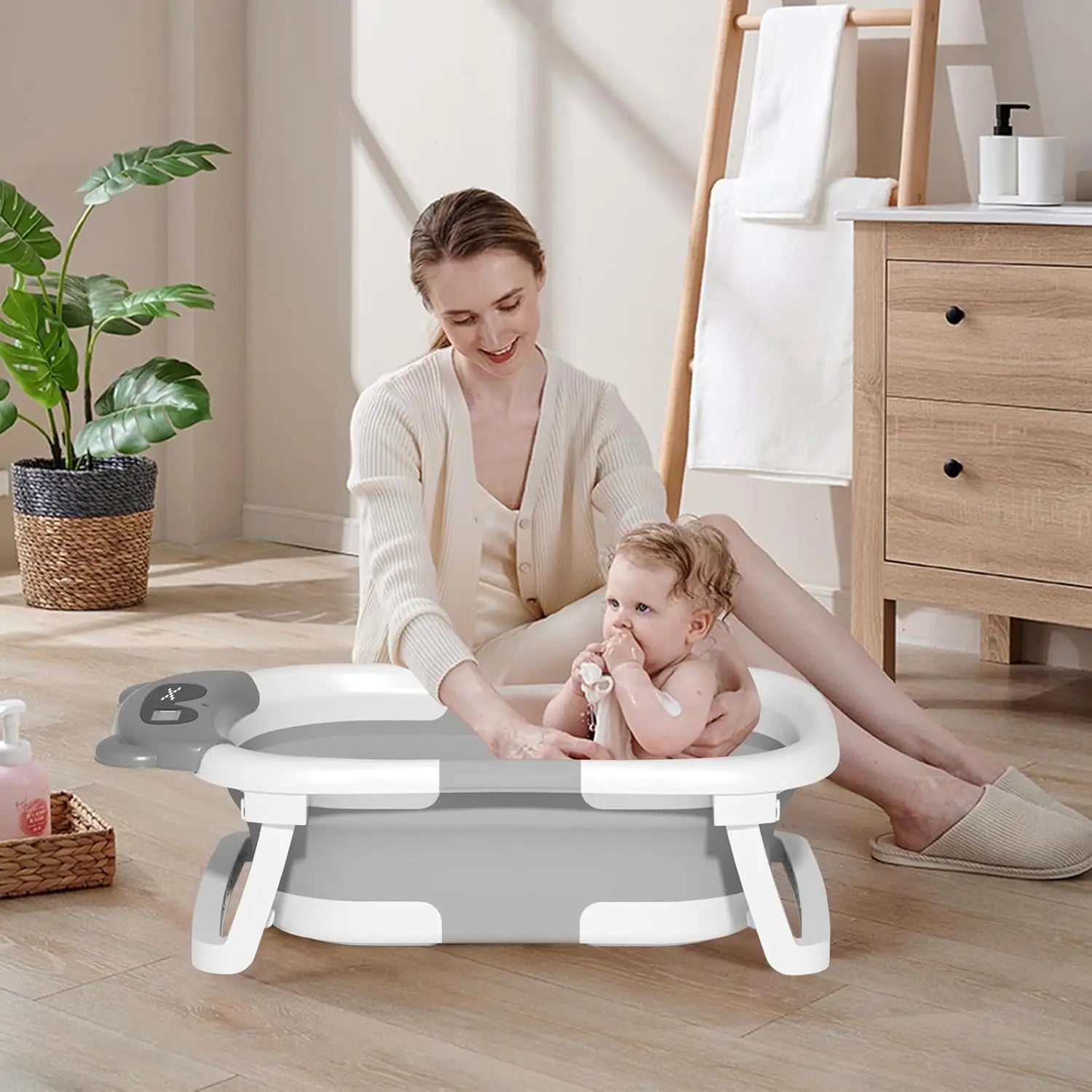 Baby Bath Tub with Bath Cushion Foldable Bathtub with Thermometer Shower Cap Shower Brush for Newborn and Toddler 0-36 Months