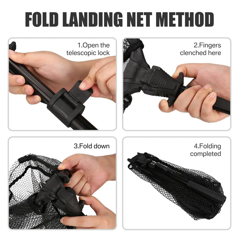 Collapsible Fishing Landing Net with Telescoping Pole Handle Extend to 190cm 100cm 80cm Fishing Net For Saltwater Freshwater