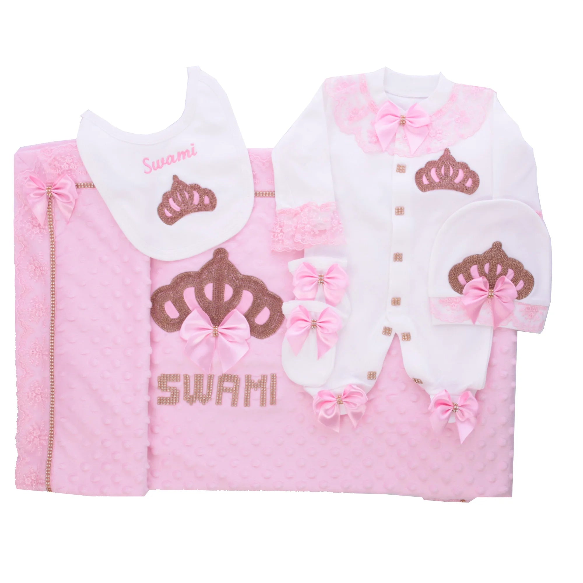 Customized Name Newborn Baby Boss Embroidery Lace Romper Outfit Infant Wrapped Baby Products Pants Mittens Receiving Blanket