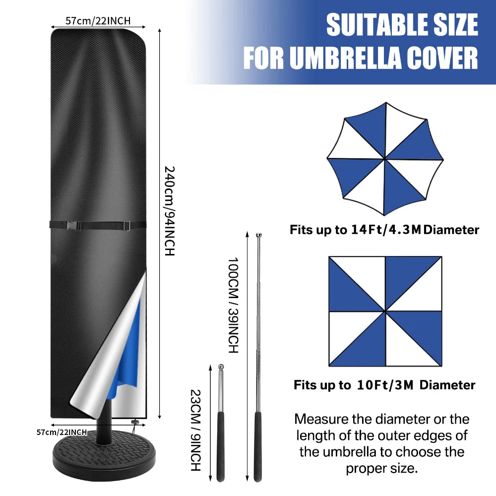 210D Straight Parasol Cover Waterproof Parasol Protective Cover with Zip Weatherproof UV-Anti Windproof Garden Umbrella Cover