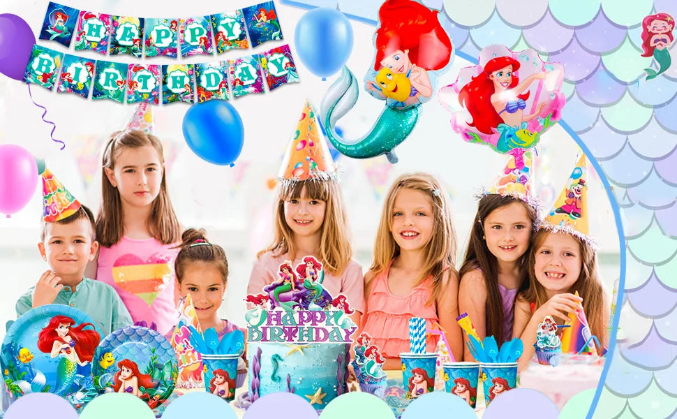 Little Mermaid Birthday Supplies,185pcs Little Mermaid Birthday Party Decorations&Tableware-Little Mermaid Stickers Banner Plate