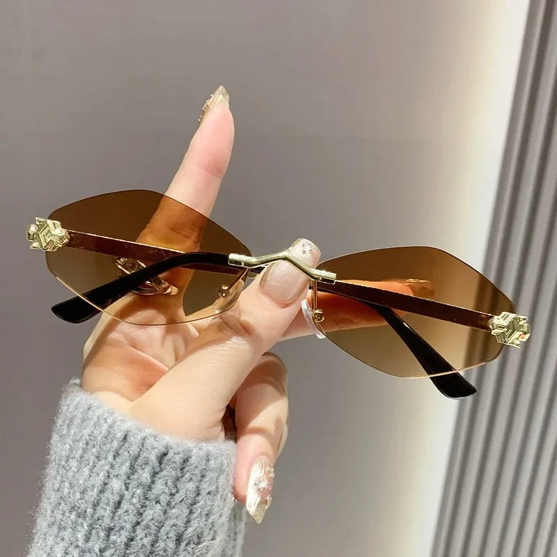 Trendy Rimless Polygonal Sunglasses Stylish Gradient Lens Metal Shades Eyewear Luxury Brand Small Vintage Sun Glasses