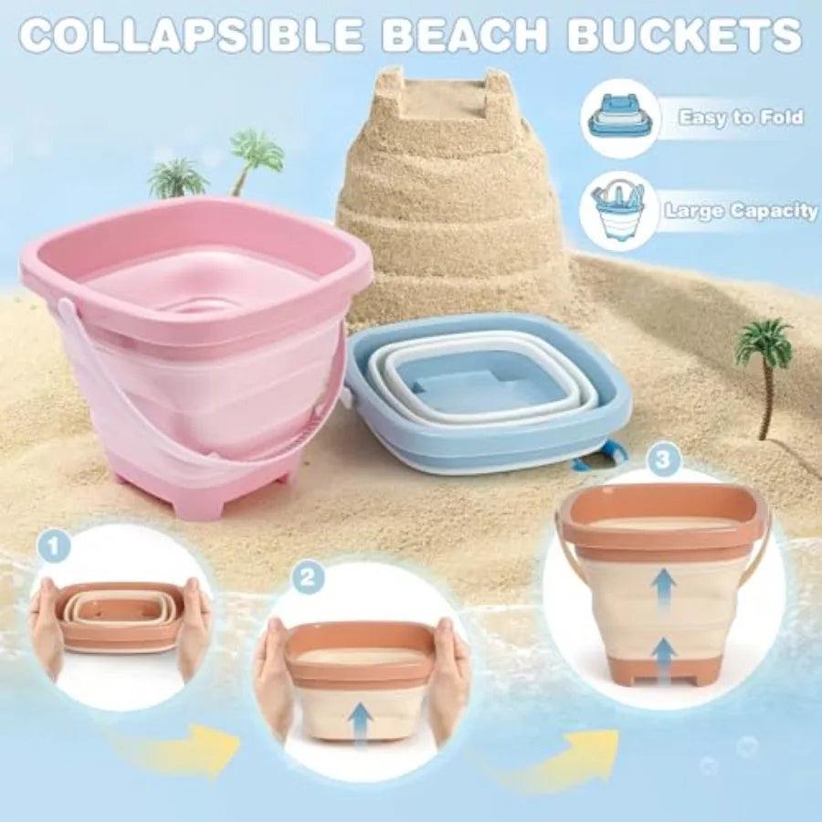 Set de Juguetes de Arena para Playa - 3 Cubetas Plegables con Pala y Bolsa de Malla