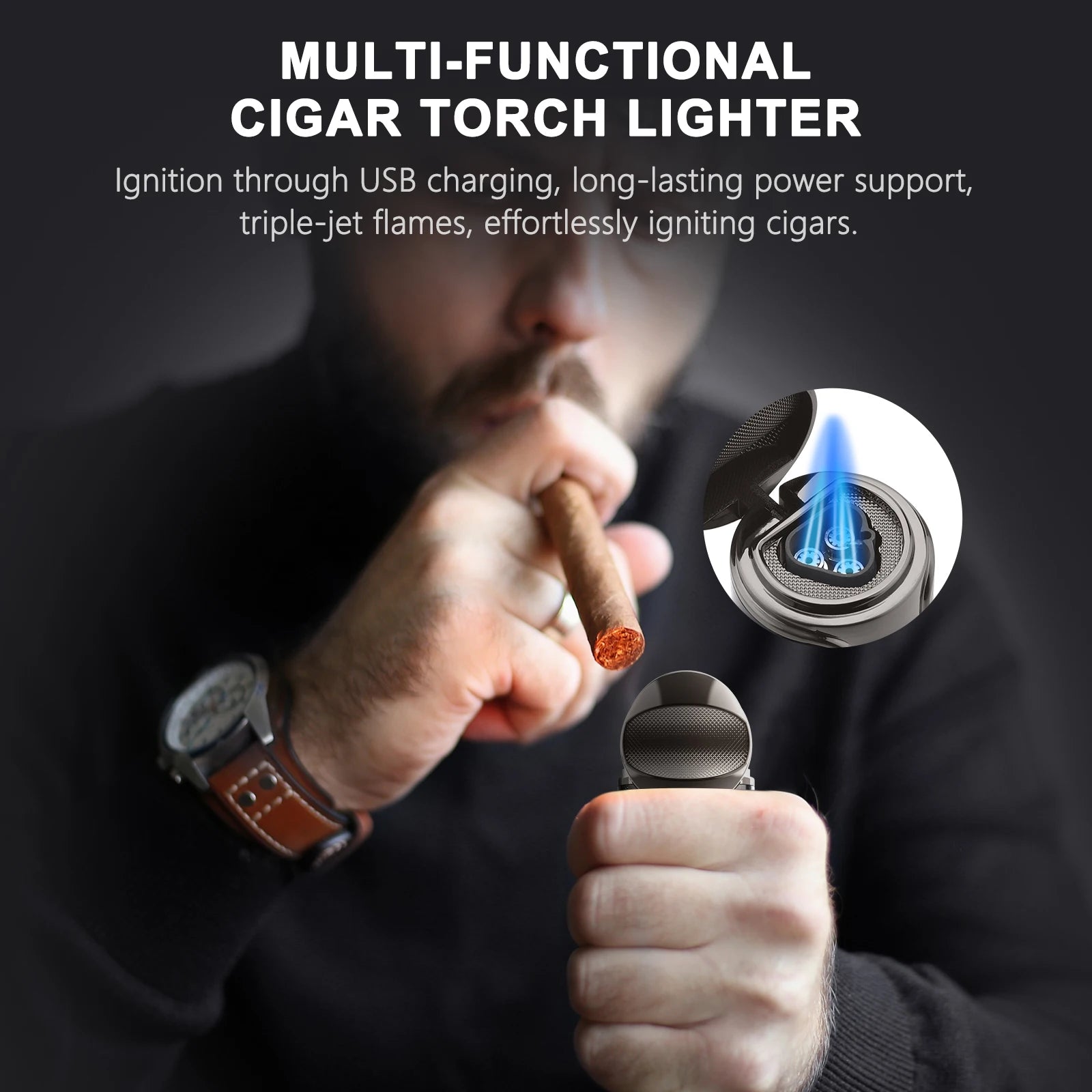 Cigar Lighter with Cigar Punch Holder,Windproof Electric Torch Lighter,Refillable Butane Lighters for Smoking with Gift Box