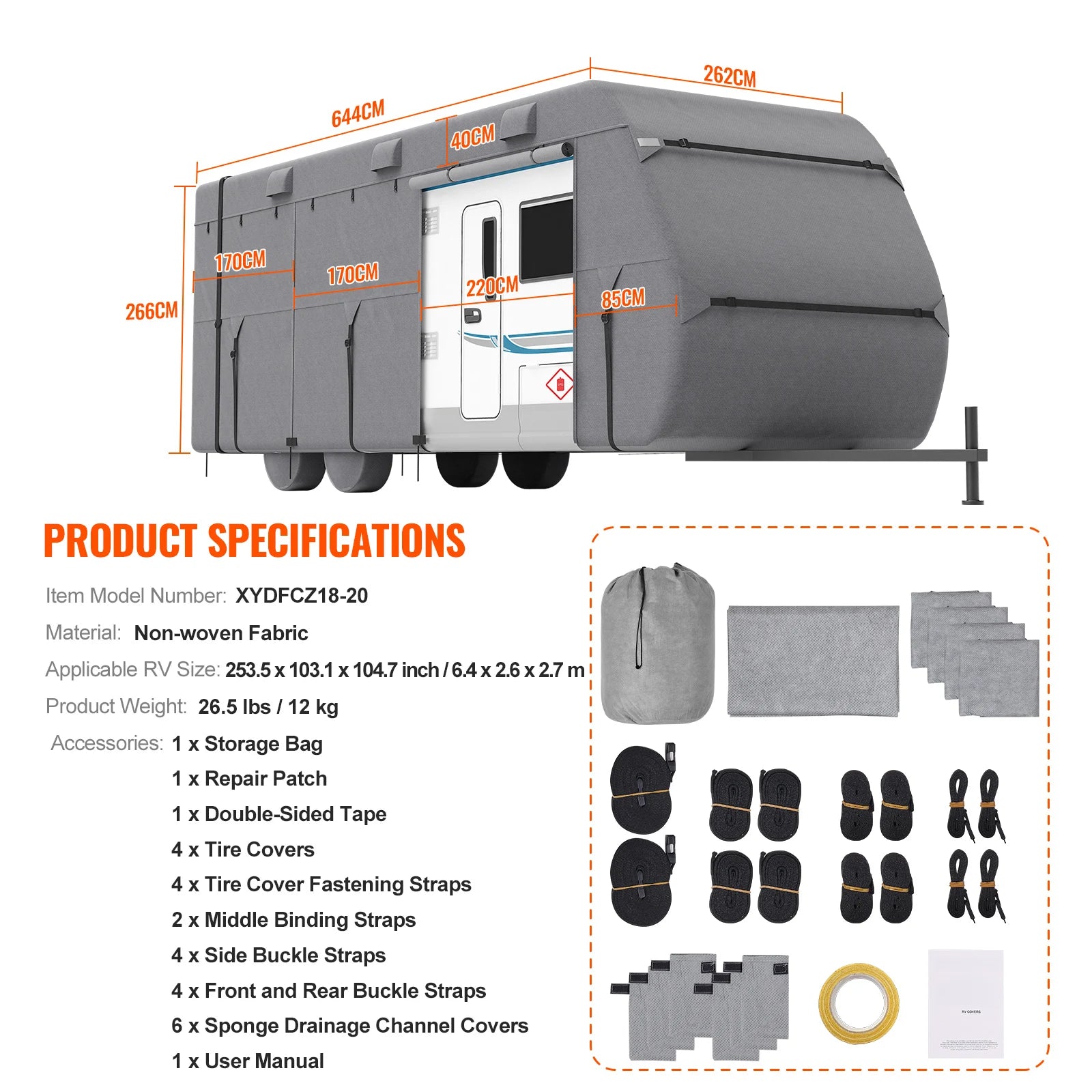 VEVOR Travel Trailer Cover 18-40FT RV Cover 4-Layer Non-Woven Fabric Camper Cover Waterproof Windproof Rip-Stop Class A RV Cover