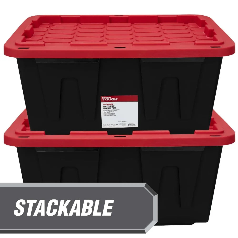 4 Pack 27 Gallon Storage Bin with Snap Lid Black Red Heavy Duty Plastic Tote Container Stackable Home Organization