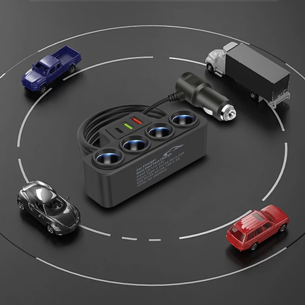 Phone Power Adapter QC3.0+PD 3.1A 120W Car Cigarette Lighter Socket Splitter Plug 4-Socket 3 USB Ports USB Phone Charger Adapter