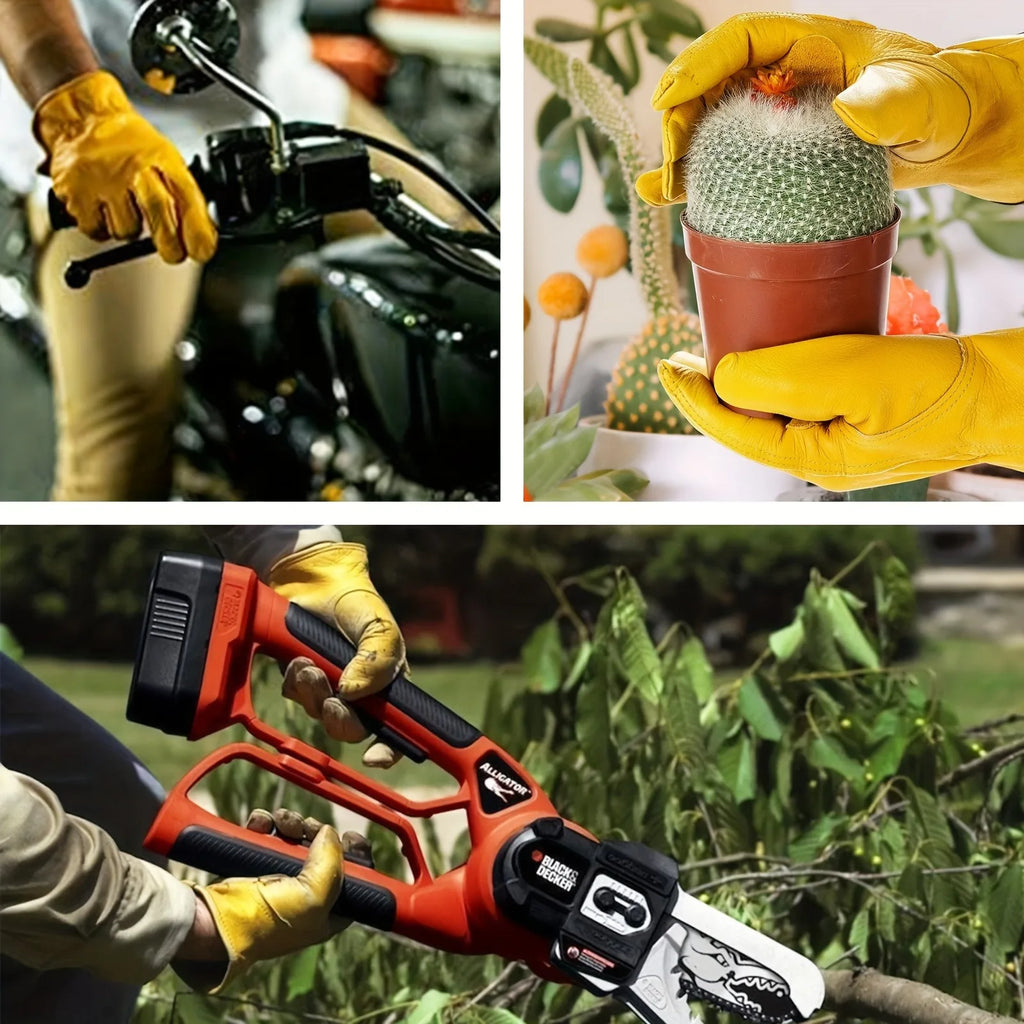 1 Pair Of Flex Grip Leather Work Gloves, Stretchable Wrist Tough Cowhide Working Gloves (Yellow)