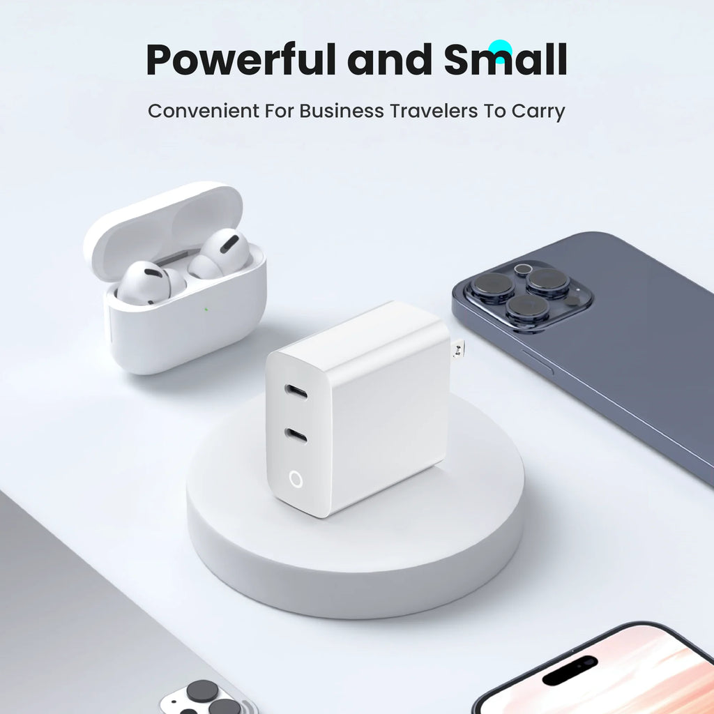 TOPADRE Cargador GaN 40W | 2 Puertos USB-C | Carga Rápida PD | Luz Indicadora | Cable 1m Incluido | iPhone y Android