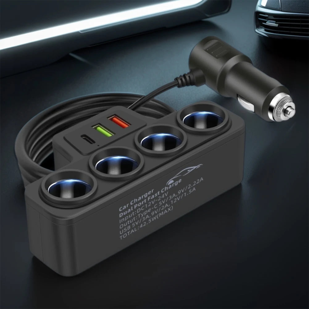 Phone Power Adapter QC3.0+PD 3.1A 120W Car Cigarette Lighter Socket Splitter Plug 4-Socket 3 USB Ports USB Phone Charger Adapter
