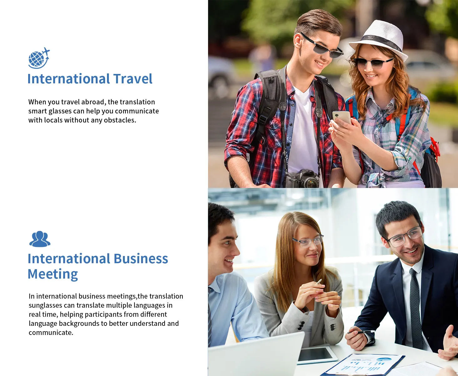 Smart glasses, app translation, color-changing lenses, high-definition voice calls, Hi-Fi music quality, open-ear audio glasses.