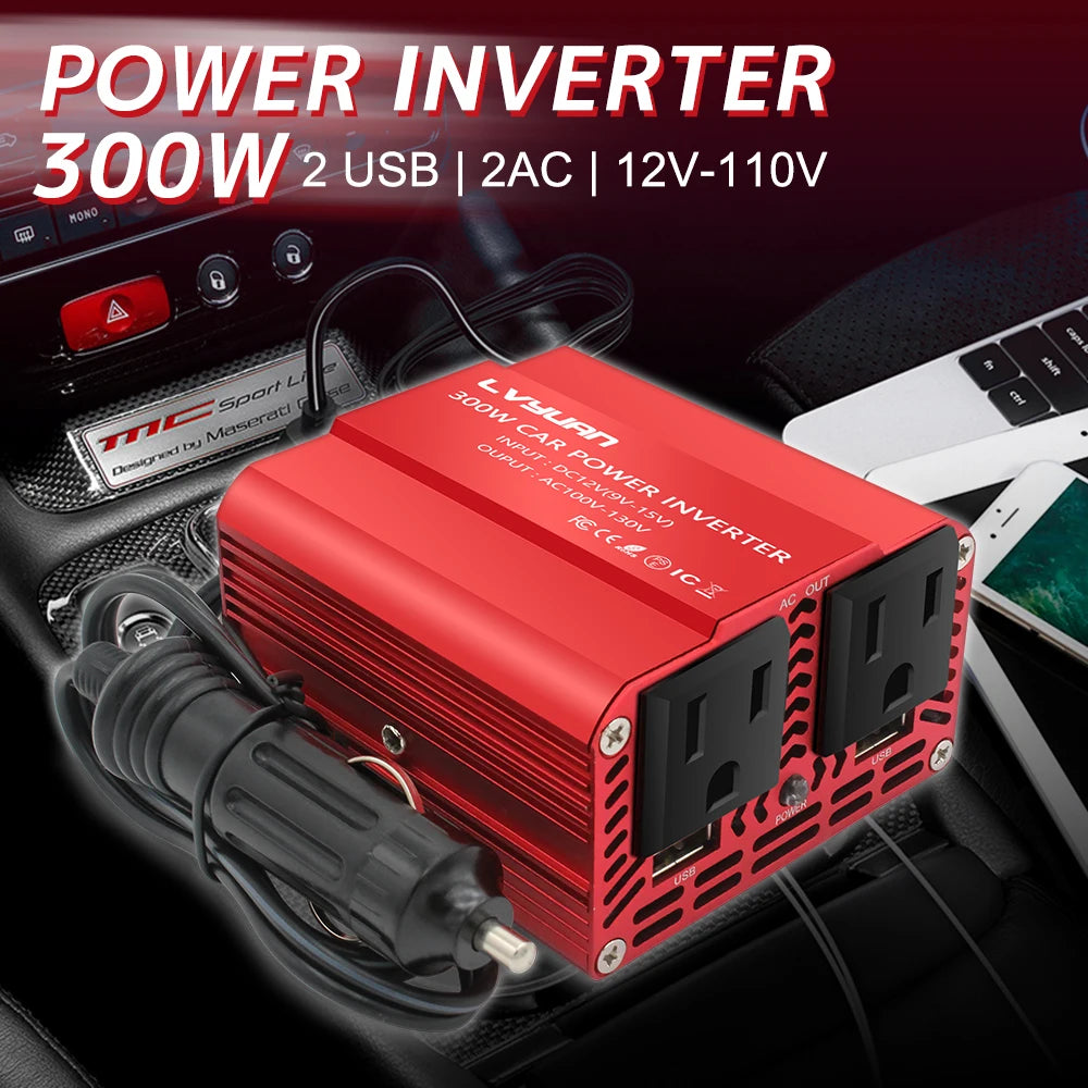Inversor de Corriente Foval 300W | DC 12V a AC 110V/220V | Dual USB | Cargador Coche | Enchufe EU/US - Firu Total Sales