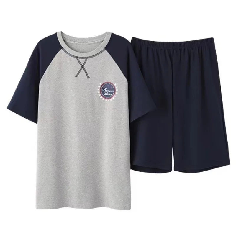 Cotton Men's Pajama Top and Pants Loungewear Athletic Casual Loose Nightwear Set Striped Sleepwear Homewear Two Piece Big Size