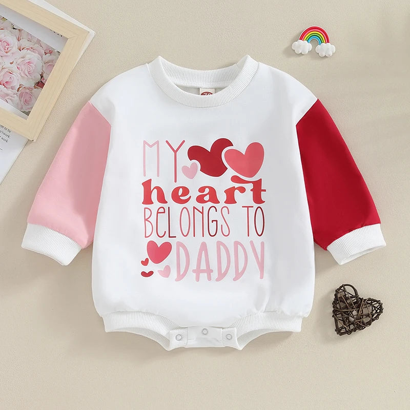 Infant Girls Valentine s Day Jumpsuit with Heart Print and Long Sleeve Crew Neck Contrast Color Sweatshirt Romper - Firu Total Sales
