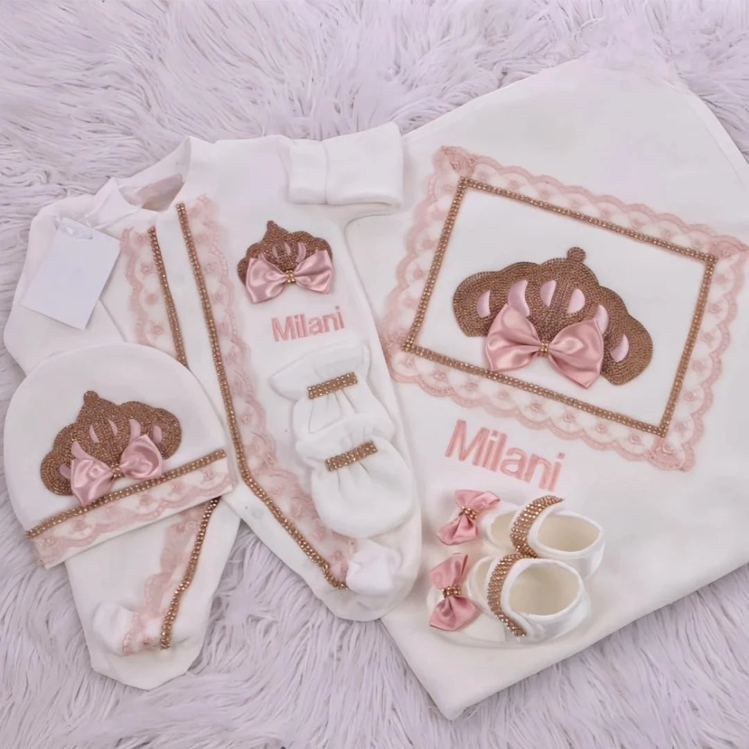5pcs Newborn Baby Embroidery Lace Romper Outfit Clothing Cotton Infant Wrapped Baby Products Pants Mittens Receiving Blanket