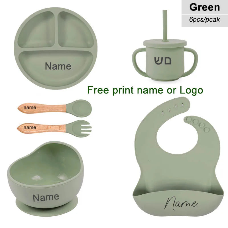 Set 6pcs Vajilla de Silicona para Bebé | Bol, Plato, Cuchara, Tenedor, Babero y Vaso 🍼