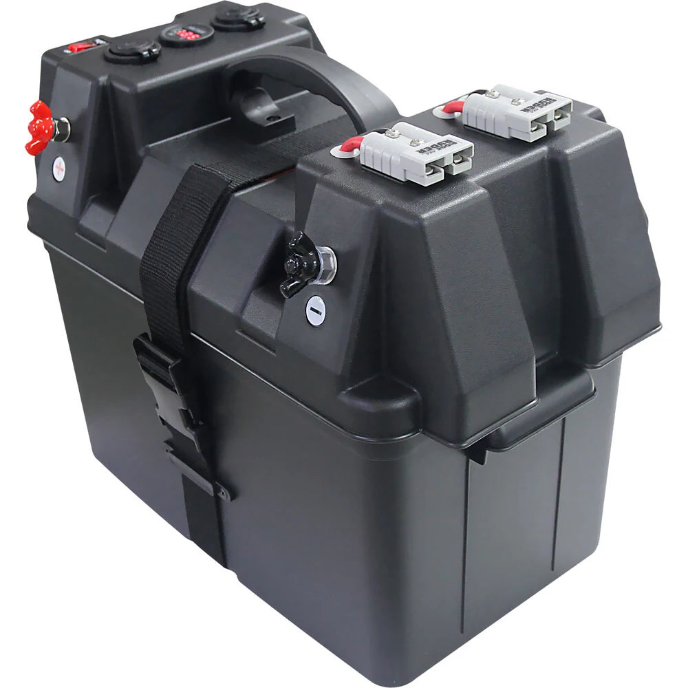 12-24V Marine Battery Box with USB Charger & Voltmeter – Portable Power Supply for Boat, Car, RV, Outdoor
