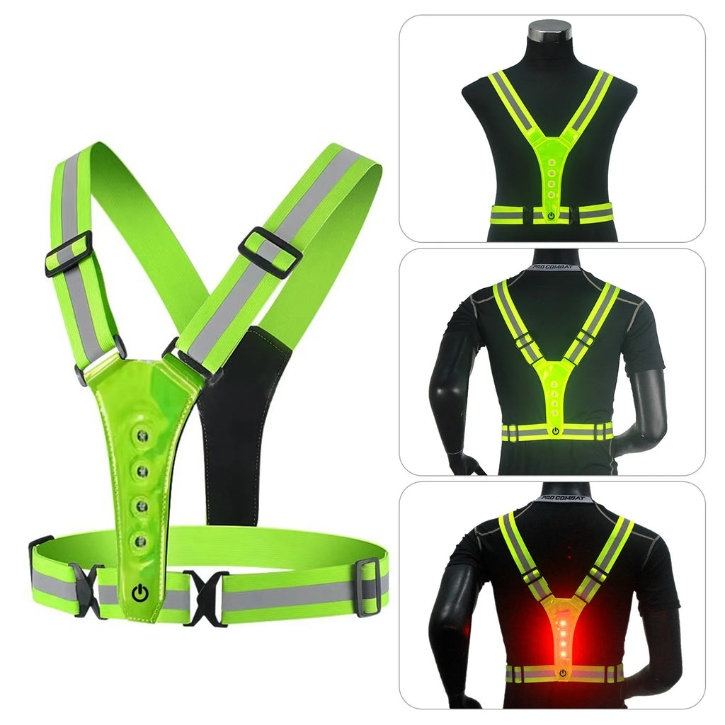 LED Cycling Vest Sports High Visibility Outdoor Running Cycling Reflective Safety Vest Adjustable Elastic Strap Reflective Belt