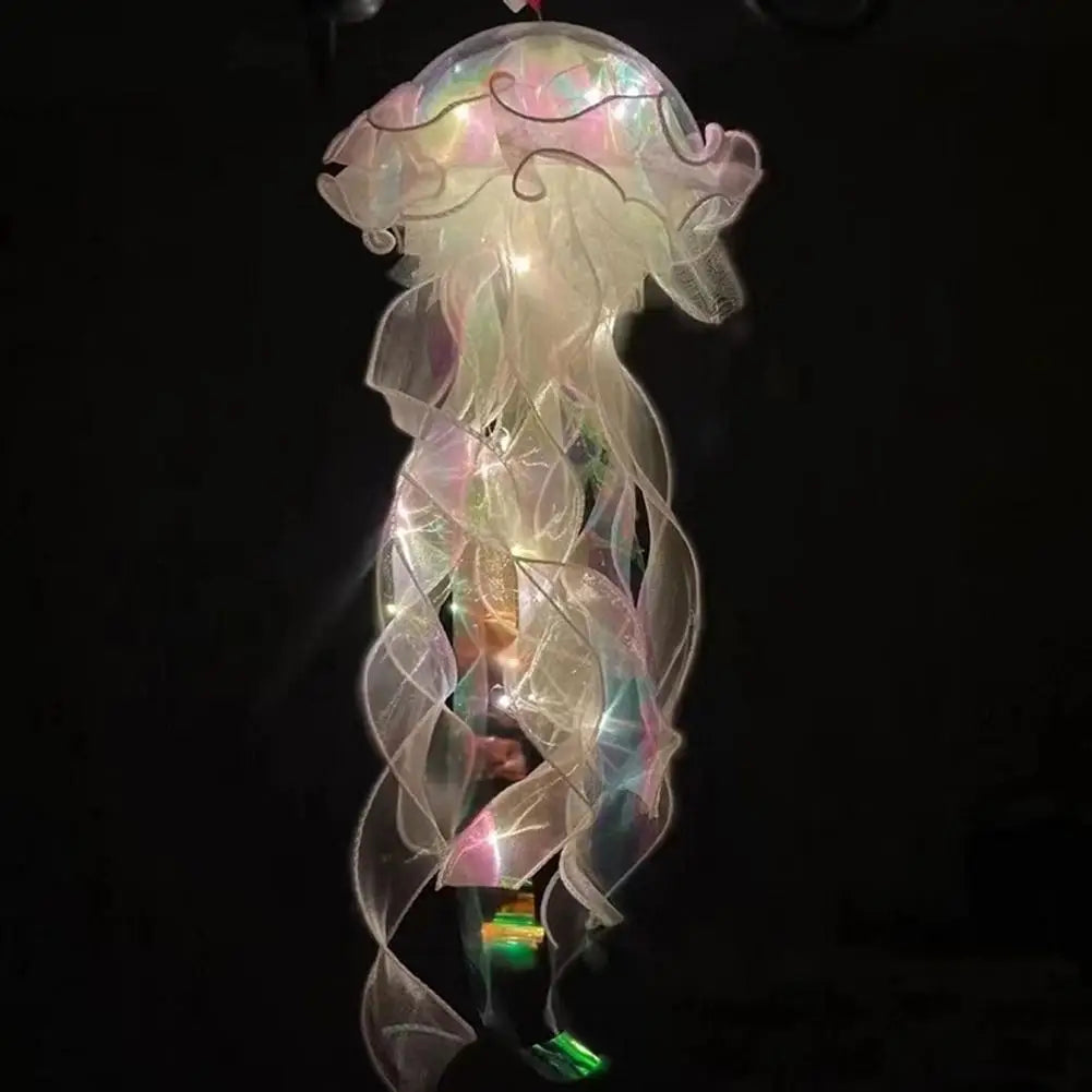 Jellyfish Colorful Nightlight Button Battery Hanging Ceiling Lantern with Ribbon&Bead LED Bulbs for Children Bedroom
