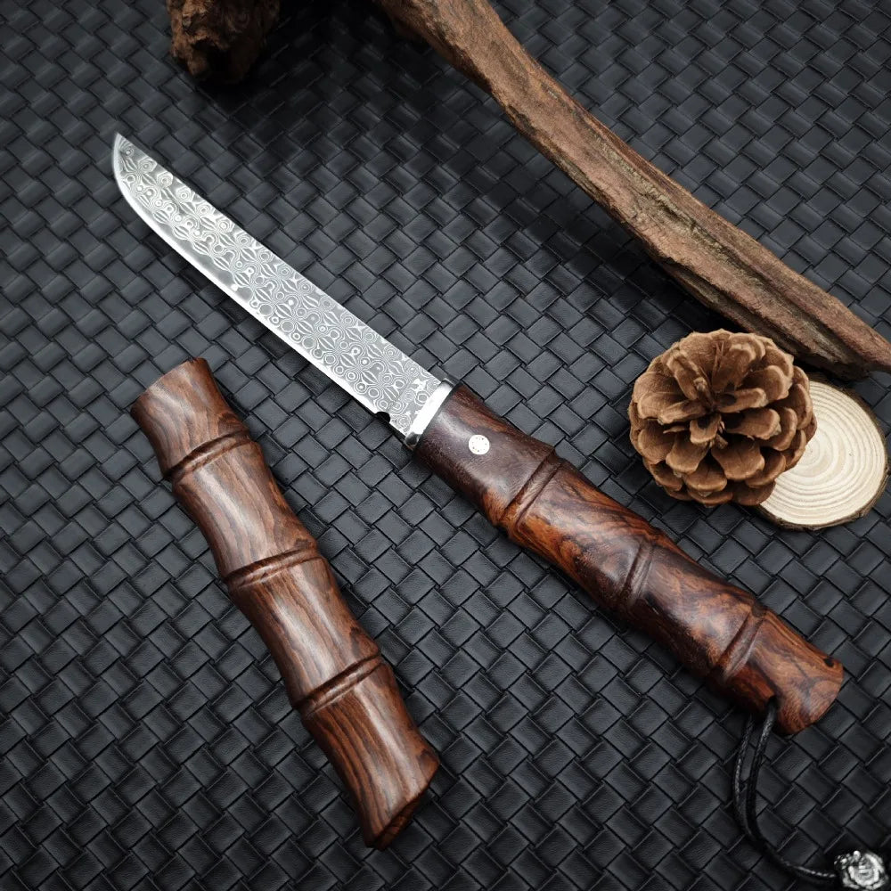 Bamboo Shape Damascus Blade Red Sandalwood Handles Tactical Survival Hunting Knives Camping EDC Self Defense Tools with Gift Box